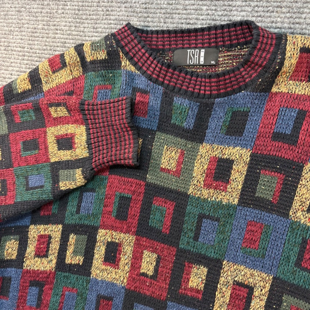 Vintage TSR USA Mens XL Geometric Square Knit Sweater Multi-Color Crewneck 90s